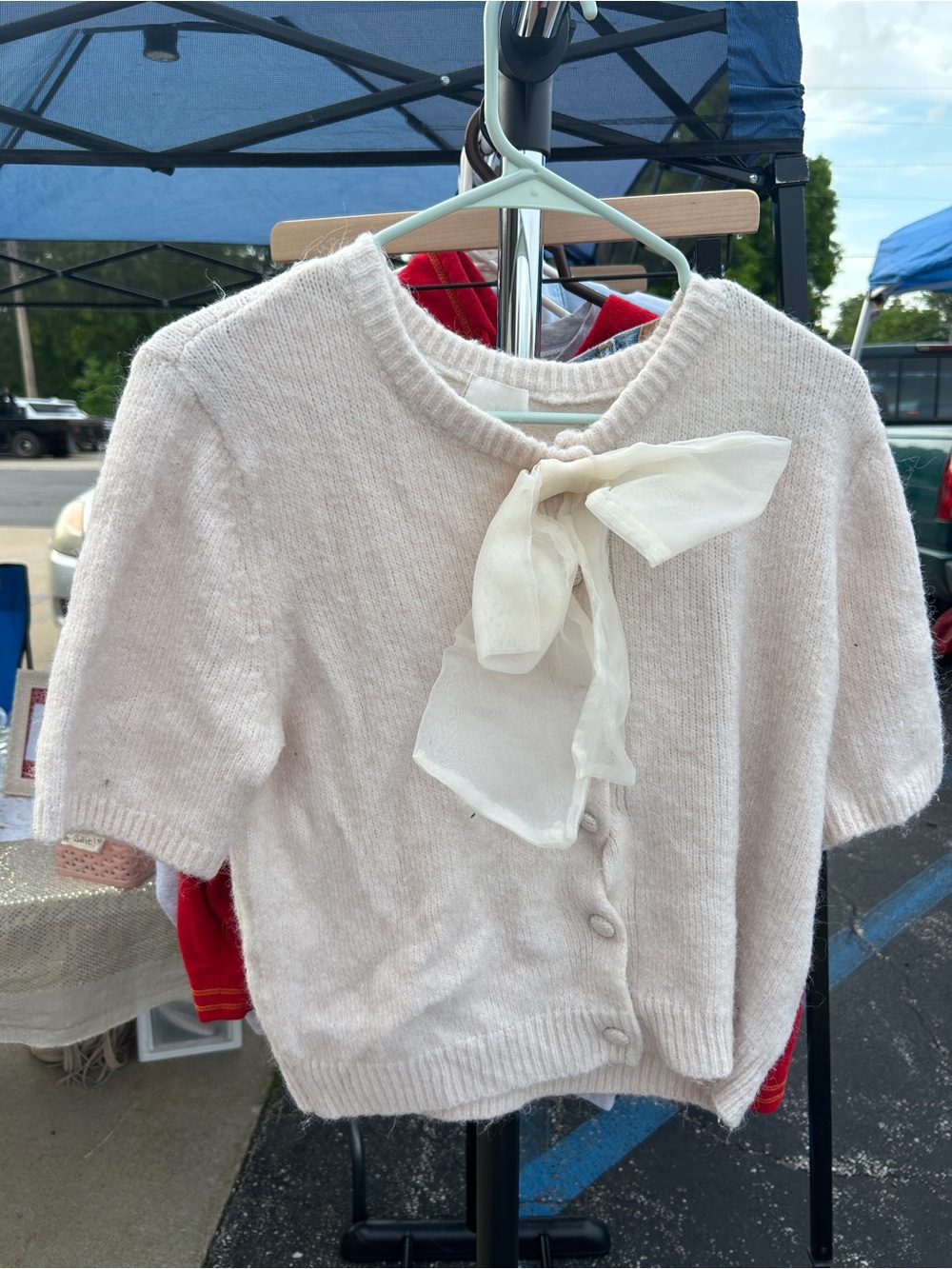 H&M Cream Short-Sleeve Knit Cardigan with Sheer Bow